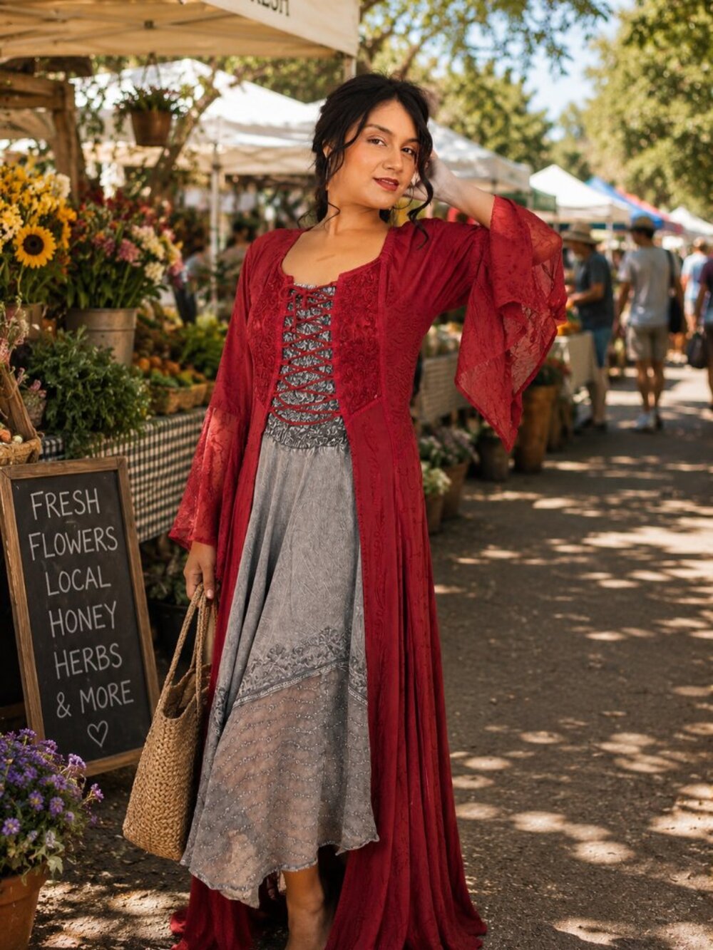 Burgundy Witchycore Cottage Holiday Bohemian Corset Maxi Duster in Deep Wine Red